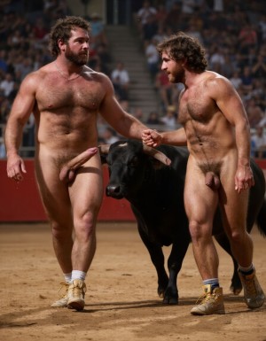 Un torero español musculoso y velludo de 50 años, con torso atlético y marcado, se muestra completamente desnudo, destacando su pene de 30 cm de longitud y 5 cm de grosor, perfectamente formado y rodeado de un denso vello púbico castaño oscuro. Sus testículos, perfectamente formados, cuelgan de forma prominente. La piel bronceada y sudorosa resalta su musculatura definida, con pectorales y abdominales bien marcados y sin grasa. El cabello largo y castaño oscuro está despeinado y sudoroso, con gotas de sudor resbalando por su frente y mejillas. Una barba incipiente y un vello corporal denso que se extiende por su pecho, piernas y brazos completan su apariencia viril. Lleva zapatillas doradas en sus pies.

A su lado, un hombre musculoso y velludo de 30 años, completamente desnudo, muestra un pene de 30 cm de longitud y 4 cm de grosor, hermoso y perfecto, rodeado de un denso vello púbico pelirrojo. Su piel bronceada y sudorosa muestra una musculatura definida, con pectorales y abdominales muy marcados. Tiene cabello pelirrojo despeinado y sudoroso. Tiene una barba pelirroja densa pero bien recortada. El vello corporal pelirrojo denso cubre su pecho, y tiene mucho vello pelirrojo en sus piernas y brazos, lo que realza su apariencia masculina y atlética. Están andando en la plaza de toros con un toro salvaje. Se aman

Ambos hombres se encuentran en una plaza de toros, con sombras que resaltan su musculatura y vello corporal, creando un ambiente sensual y cargado de tensión. Están en pleno acto de pasión, con sus penes erectos y testículos prominentes ,destacando su musculatura, vello corporal y atributos viriles en una imagen impactante y llena de energía. La escena está llena de sensualidad y poder, con los dos hombres como protagonistas, en un ambiente cargado de pasión y erotismo. La imagen es híper realista, con detalles de alta calidad, y muestra la unión de los dos hombres en un acto de pasión y dominio, con sus cuerpos musculosos y velludos completamente desnudos y visibles, mostrando su excitación y pasión en cada detalle. Tienen sus penes erectos. Están totalmente desnudos. Tienen un pene de 40 cm de longitud y 7 cm de diámetro. Son felices y sonríen.