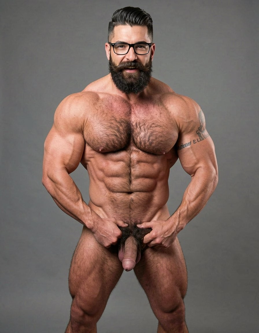 Hipsterbarba, soy Hipsterbarba un hombre de 40 años de edad y de complexión fuerte y atlética, con una estética claramente de muscle bear maduro pero delgado sin barriga y 8% de grasa y muy cuidado. Mi piel es morena clara, ligeramente bronceada, y brilla bajo la luz con un tono cálido; tengo una constitución musculosa de competición, con una capa de 8% de grasa que me da un aspecto potente y masculino; mido 180 cm de altura y peso 80 kg de músculo sólido.
En mi pecho tengo pectorales desarrollados y redondeados, con una clara separación en el centro; el pectoral derecho e izquierdo están bien marcados, con una forma que denota años de press y trabajo en banco; los pezones son grandes, oscuros y ligeramente apuntados.
Tengo un abdomen fuerte con cuatro bloques superiores bien visibles y unos oblicuos marcados que dan forma de V en la cintura; mi abdomen es un Six-pack completamente seco muy definido y marcado y potente; .
Tengo hombros anchos y redondeados con deltoides bien desarrollados; los brazos son musculosos, especialmente los bíceps que muestran una clara curva cuando están relajados, los tríceps tienen buena definición y los antebrazos son fuertes y venosos, los brazos muestran una vascularización prominente con venas marcadas.
Tengo piernas con cuádriceps potentes, con buena separación entre vasto externo e interno y los aductores también están desarrollados.
Tengo una espalda ancha que crea el clásico efecto de “cuerpo en V”, y tengo dorsales potentes.
Tengo un vello corporal denso, oscuro y masculino y tengo la línea alba en el centro del abdomen que refuerza una estética masculina; El pecho está completamente cubierto por vello negro denso y oscuro que baja en forma de trail central muy marcado hasta el ombligo y desde el ombligo desciende hacia el pubis; los hombros y la parte superior de los brazos también están poblados de vello oscuro; el abdomen tiene pelo más fino pero bien visible, concentrado en la línea media, la zona púbica es muy espesa y oscura, y el vello continúa por los muslos.
Llevo un peinado moderno con el pelo corto de punta recto hacia arriba muy cuidado con los laterales y nuca muy cortos, mientras que la parte superior está peinada hacia arriba de punta con algo de volumen y un toque hipster.
Tengo una barba que es mi rasgo más característico, es una barba Bandholz completa, muy densa, oscura negra con algunos reflejos castaños, espesa y bien cuidada que llega casi hasta la mitad del pecho. Es voluminosa pero perfilada.
Tengo bigote grueso que se integra perfectamente con la barba, cubriendo totalmente el labio superior con un estilo clásico y masculino, es un bigote poblado donde los extremos son más largos que el centro y estos pelos largos están peinados hacia los lados y luego se curvan hacia arriba de forma circular en espiral.
Tengo un pequeño tatuaje adaptado anatómicamente a la forma de la región braquial del brazo derecho con las letras de tamaño pequeño: hipsterbarba. 
Llevo gafas de pasta negra de estilo intelectual/hipster.
Mi polla es gruesa, de tamaño generoso incluso en estado flácido, con prepucio parcial y un glande rosado visible, los huevos son pesados y cuelgan bajos, también cubiertos de vello oscuro.
Tengo una postura de persona confiada, segura y firme, mirando directamente a cámara con expresión seria y dominante. Se se ven mis pies muy masculinos 
Tengo las piernas tensadas, tengo la polla erecta tiesa para arriba, estoy riendo. Rodeo con mi mano derecha el perímetro de mi pene. Tengo sandalias en mis pies 
