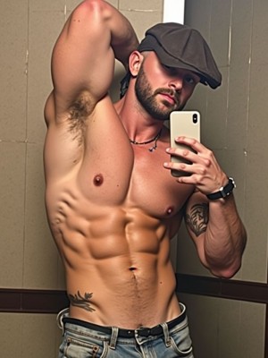 Escorts. 
Chico escort de 25 años findom, con buen desarrollo muscular se hace un selfie para Xtuder en un vestuario público, lleva gorra tradicional y vaqueros, levanta un brazo para tensar sus mśuculos. 