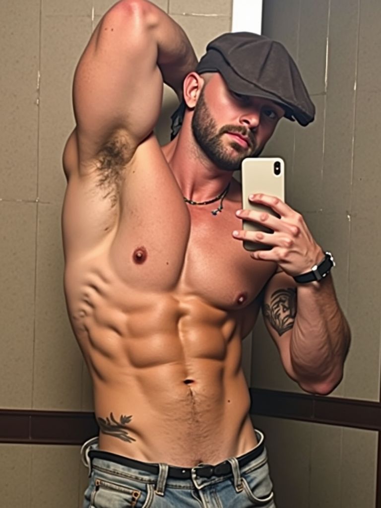 Escorts. 
Chico escort de 25 años findom, con buen desarrollo muscular se hace un selfie para Xtuder en un vestuario público, lleva gorra tradicional y vaqueros, levanta un brazo para tensar sus mśuculos. 