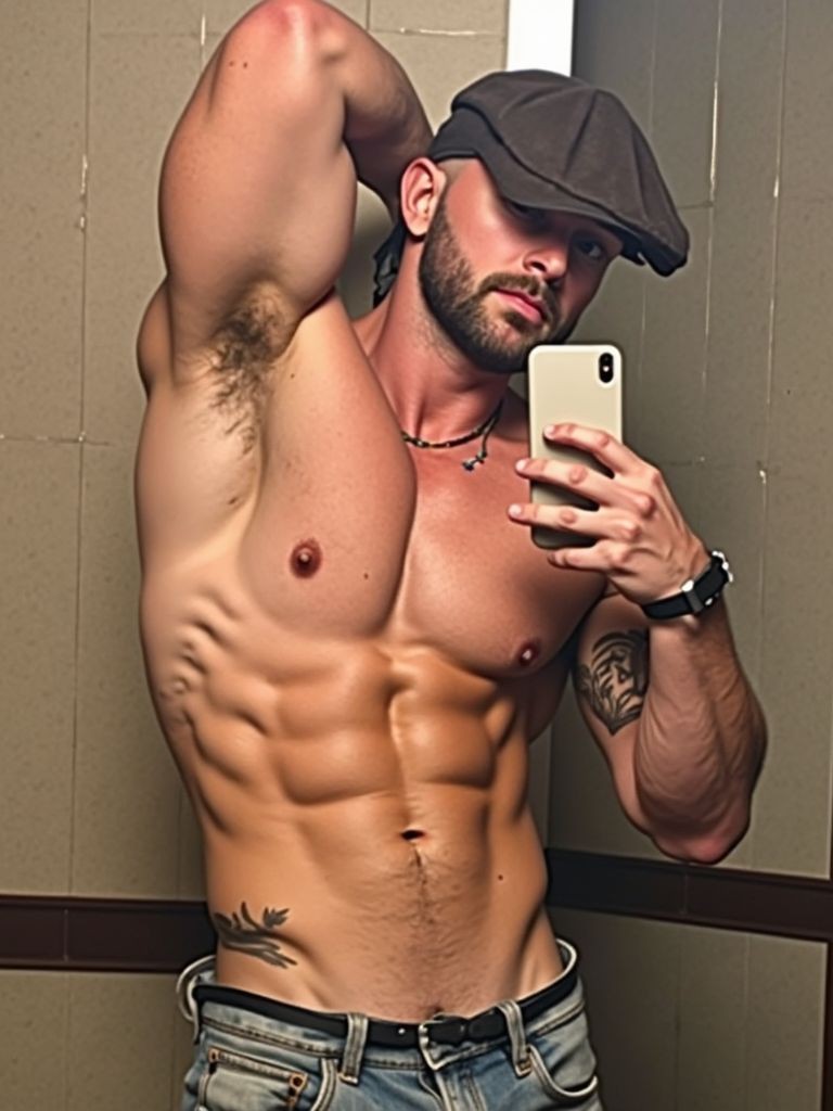Escorts. 
Chico escort de 25 años findom, con buen desarrollo muscular se hace un selfie para Xtuder en un vestuario público, lleva gorra tradicional y vaqueros, levanta un brazo para tensar sus mśuculos. 