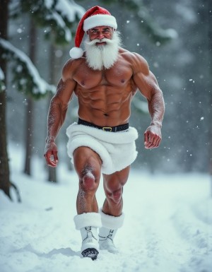 La Navidad. Papá Noel es un hombre de 40 años, atleta, está delgado y tiene músculos marcados y definidos, es muy varonil, tiene barba blanca abundante. Solo tiene el gorro de papá Noel porque está totalmente desnudo enseñando su musculatura de atleta y bronceada, tiene mucho vello blanco que cubre sus músculos pectorales y el abdomen y también en sus piernas. Tiene sandalias blancas en sus pies. Barba abundante blanca de papá Noel. Es el Papá Noel del año 2025, con mucha alegría y mucho sexo gay. Aspecto muy masculino salvaje. Pene erecto de 20cm de longitud y 8cm de diámetro. Abundante vello blanco por todo el cuerpo. Está andando sobre la nieve con sus botas blancas