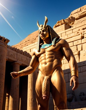 Faraón Ramsés 2 y el dios Osiris están desnudos en el Gran Templo de Abu Simbel. Tiene dos testículos grandes y gordos. Tiene un pene muy grande. 