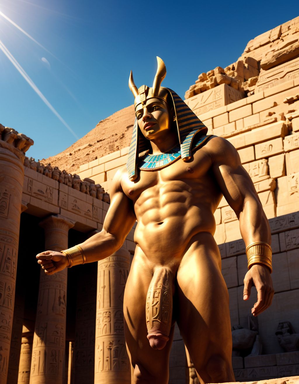 Faraón Ramsés 2 y el dios Osiris están desnudos en el Gran Templo de Abu Simbel. Tiene dos testículos grandes y gordos. Tiene un pene muy grande. 