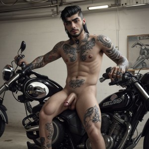 zayn, chaketa de motorista tatoos, acostado   en una moto desnudo, mostrando su gran polla, en mecanico