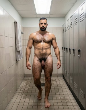 Un hombre desnudo y musculoso camina de frente por un vestuario de gimnasio, con el cuerpo mojado o brillante bajo la luz fluorescente del techo. Tiene barba recortada, pelo corto oscuro peinado hacia atrás y una expresión seria, mirando directamente a la cámara. Su torso velludo, brazos fuertes, abdomen marcado, piernas peludas y pene visible ocupan el centro de la escena. A ambos lados hay taquillas metálicas grises y paredes de azulejo claro; a la izquierda cuelga una toalla junto a una ducha. El suelo de baldosas pequeñas y el ambiente cerrado refuerzan la sensación de vestuario público, higiene y rutina deportiva.