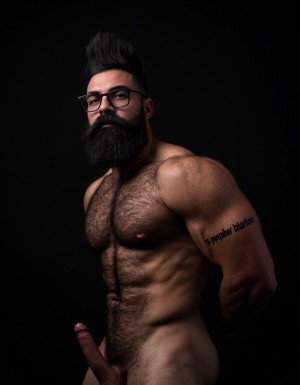 Fotografía hiperrealista de un hombre adulto musculoso a la vista desde los pies para arriba hasta la cabeza, tiene cuerpo muy delgado con músculos marcados y definidos, rostro masculino idéntico a la imagen de referencia, está totalmente desnudo con polla erecta de treinta centímetros de longitud y ocho centímetros de diámetro, tiene rasgos marcados duros expresivos, barba densa poblada tupida oscura estilo hipster cubriendo completamente mandíbula mentón mejillas con grosor uniforme textura abundante muy definida, bigote denso tupido oscuro conectado perfectamente con la barba completa cubriendo completamente el labio superior, pelo oscuro medio peinado completamente recto hacia arriba con volumen considerable estilo hipster moderno quiff puntas verticales texturizadas hacia el cielo con altura prominente, cejas gruesas oscuras pobladas muy marcadas definidas, gafas de montura completa negra cuadradas grandes estilo hipster moderno sobre el puente de la nariz enmarcando unos ojos oscuros intensos que miran directamente a cámara con expresión seria penetrante confiada, expresión facial seria masculina sin sonrisa con mirada directa desafiante, pómulos marcados definidos angulares, nariz recta proporcionada, labios medios apenas visibles completamente cubiertos por bigote denso que conecta con la barba hipster completa, torso desnudo muy musculoso con pectorales enormes desarrollados y definidos, hombros anchos musculosos deltoide prominentes, brazos musculosos gruesos con bíceps y tríceps marcados visibles a ambos lados del cuerpo, abdomen tonificado marcado visible desde la cintura, piel con textura realista detallada poros imperfecciones sutiles, vello corporal denso oscuro abundante cubriendo pectorales abdomen brazos hombros con textura natural masculina muy visible, tatuaje en tinta negra en el bíceps del brazo derecho con la palabra exacta 