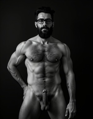 Fotografía hiperrealista en blanco y negro de un hombre adulto musculoso a la vista desde las rodillas para arriba hasta la cabeza, cuerpo muy delgado con musculación marcada y definida, rostro masculino, totalmente desnudo con polla erecta de treinta centímetros de longitud y ocho centímetros de diámetro, tiene rasgos marcados duros expresivos, barba densa poblada tupida oscura estilo hipster cubriendo completamente mandíbula mentón mejillas con grosor uniforme textura abundante muy definida, bigote denso tupido oscuro conectado perfectamente con la barba completa cubriendo completamente el labio superior, pelo oscuro medio peinado completamente recto hacia arriba con volumen considerable estilo hipster moderno quiff puntas verticales texturizadas hacia el cielo con altura prominente, cejas gruesas oscuras pobladas muy marcadas definidas, gafas de montura completa negra cuadradas grandes estilo hipster moderno sobre el puente de la nariz enmarcando unos ojos oscuros intensos que miran directamente a cámara con expresión seria penetrante confiada, expresión facial seria masculina sin sonrisa con mirada directa desafiante, pómulos marcados definidos angulares, nariz recta proporcionada, labios medios apenas visibles completamente cubiertos por bigote denso que conecta con la barba hipster completa, torso desnudo muy musculoso con pectorales enormes desarrollados y definidos, hombros anchos musculosos deltoide prominentes, brazos musculosos gruesos con bíceps y tríceps marcados visibles a ambos lados del cuerpo, abdomen tonificado marcado visible desde la cintura, piel con textura realista detallada poros imperfecciones sutiles, vello corporal denso oscuro abundante cubriendo pectorales abdomen brazos hombros con textura natural masculina muy visible, tatuaje en tinta negra en el bíceps del brazo derecho con la palabra exacta "hipsterbarba" en tipografía negra sans-serif clara legible tatuada sobre la piel del brazo de tamaño mediano visible proporcionado, iluminación dramática lateral direccional que crea contraste alto marcado entre luces brillantes y sombras profundas resaltando la estructura facial angular la barba hipster densa las gafas cuadradas grandes el vello corporal abundante la musculatura del torso los brazos y en el bíceps derecho tiene un tatuaje con la palabra a la vista: "hipsterbarba", fondo completamente oscuro negro liso uniforme desenfocado sin distracciones, fotografía analógica en blanco y negro de alto contraste con grano fotográfico sutil visible estilo retrato hipster masculino fitness, enfoque nítido absoluto perfecto en el rostro especialmente en los ojos detrás de las gafas la barba hipster densa el bigote tupido el pelo vertical el vello corporal el torso musculoso y el tatuaje en el brazo derecho con la palabra a la vista "hipsterbarba", encuadre vertical desde las rodillas cintura hacia arriba mostrando pene erecto de treinta centímetros de longitud completamente todo el torso superior los brazos musculosos y la cabeza, calidad fotográfica hiperrealista 8K máxima definición detalle extremo, renderizado cinematográfico fotorrealista profesional.
