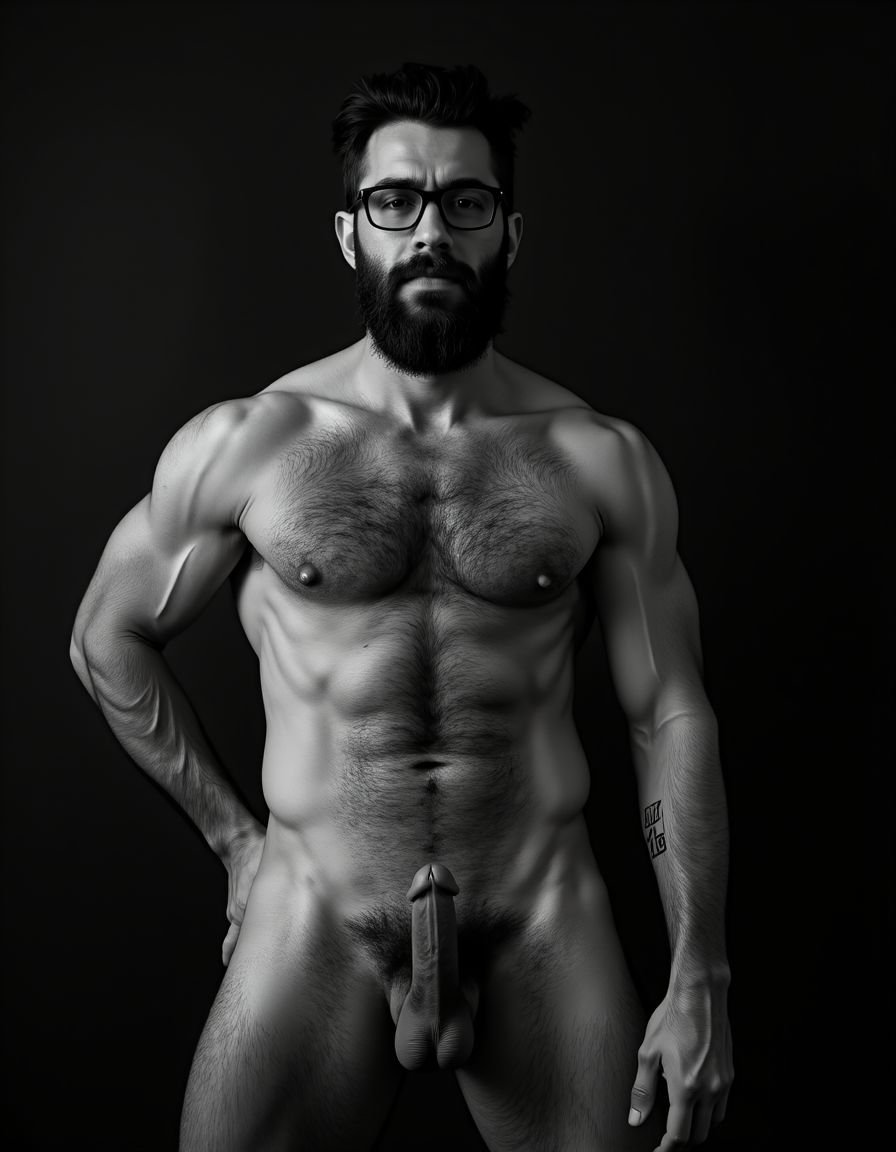 Fotografía hiperrealista en blanco y negro de un hombre adulto musculoso a la vista desde las rodillas para arriba hasta la cabeza, cuerpo muy delgado con musculación marcada y definida, rostro masculino, totalmente desnudo con polla erecta de treinta centímetros de longitud y ocho centímetros de diámetro, tiene rasgos marcados duros expresivos, barba densa poblada tupida oscura estilo hipster cubriendo completamente mandíbula mentón mejillas con grosor uniforme textura abundante muy definida, bigote denso tupido oscuro conectado perfectamente con la barba completa cubriendo completamente el labio superior, pelo oscuro medio peinado completamente recto hacia arriba con volumen considerable estilo hipster moderno quiff puntas verticales texturizadas hacia el cielo con altura prominente, cejas gruesas oscuras pobladas muy marcadas definidas, gafas de montura completa negra cuadradas grandes estilo hipster moderno sobre el puente de la nariz enmarcando unos ojos oscuros intensos que miran directamente a cámara con expresión seria penetrante confiada, expresión facial seria masculina sin sonrisa con mirada directa desafiante, pómulos marcados definidos angulares, nariz recta proporcionada, labios medios apenas visibles completamente cubiertos por bigote denso que conecta con la barba hipster completa, torso desnudo muy musculoso con pectorales enormes desarrollados y definidos, hombros anchos musculosos deltoide prominentes, brazos musculosos gruesos con bíceps y tríceps marcados visibles a ambos lados del cuerpo, abdomen tonificado marcado visible desde la cintura, piel con textura realista detallada poros imperfecciones sutiles, vello corporal denso oscuro abundante cubriendo pectorales abdomen brazos hombros con textura natural masculina muy visible, tatuaje en tinta negra en el bíceps del brazo derecho con la palabra exacta 
