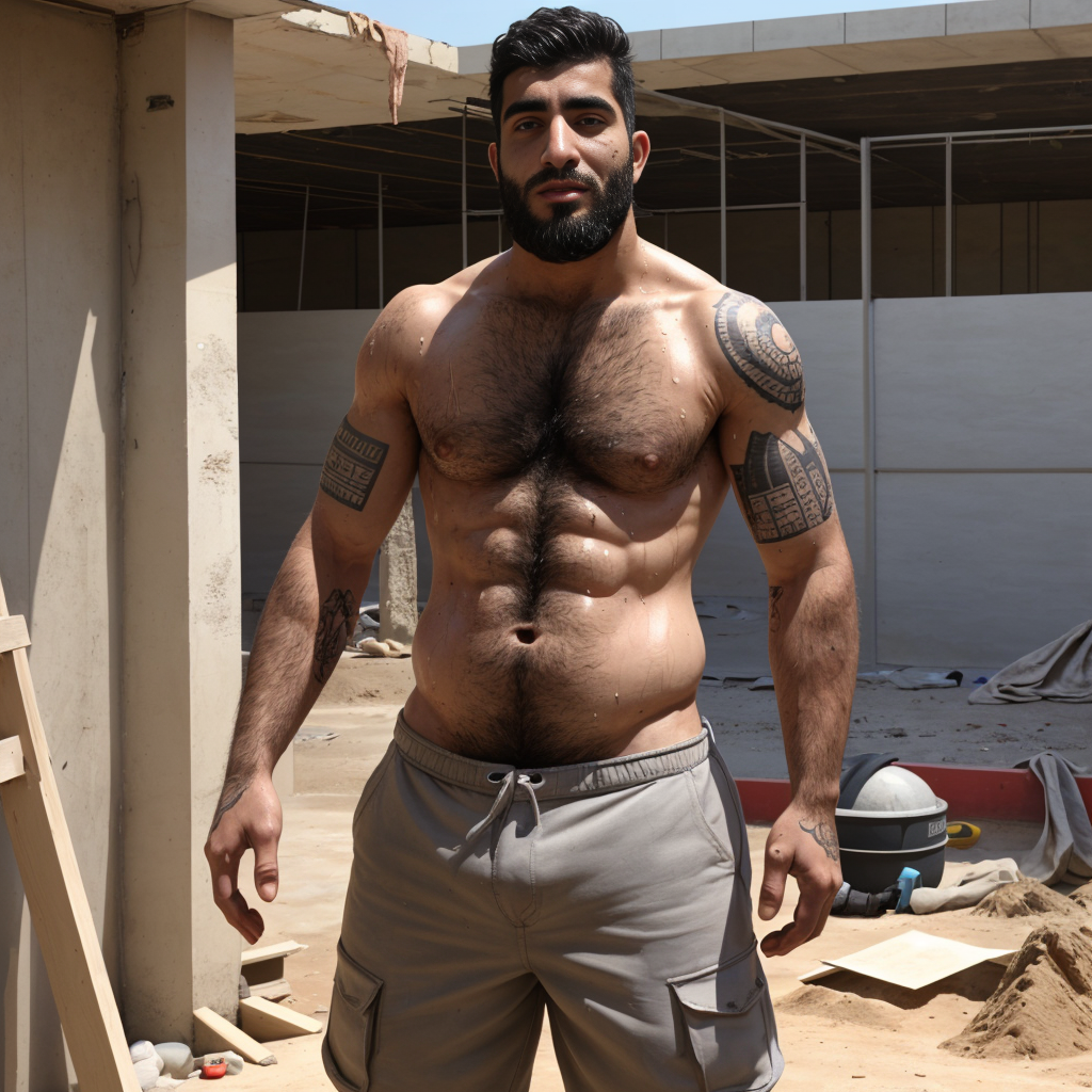 Hombre musculoso y corpulento posando de pie en una zona de obra o construcción, con el torso desnudo, pecho velludo, abdomen muy marcado y piel brillante por el sudor bajo la luz directa del sol. Lleva barba negra espesa, pelo oscuro peinado hacia arriba y una expresión seria mirando de frente. Sus brazos fuertes muestran varios tatuajes geométricos y tribales en hombros y bíceps, destacando sobre su complexión atlética. Viste pantalones cortos cargo grises con cordón, mientras alrededor aparecen arena, tablas de madera, herramientas, una lona, un cubo y estructuras de cemento inacabadas, creando un ambiente industrial, seco y polvoriento.