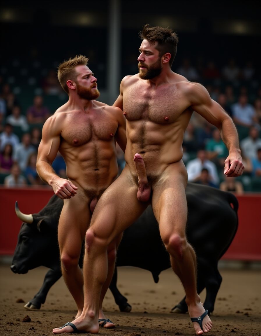 Un torero español musculoso y velludo de 50 años, con torso atlético y marcado, se muestra completamente desnudo, destacando su pene de 30 cm de longitud y 5 cm de grosor, perfectamente formado y rodeado de un denso vello púbico castaño oscuro. Sus testículos, perfectamente formados, cuelgan de forma prominente. La piel bronceada y sudorosa resalta su musculatura definida, con pectorales y abdominales bien marcados y sin grasa. El cabello largo y castaño oscuro está despeinado y sudoroso, con gotas de sudor resbalando por su frente y mejillas. Una barba incipiente y un vello corporal denso que se extiende por su pecho, piernas y brazos completan su apariencia viril. Lleva sandalias marrones en sus pies.

A su lado, un hombre musculoso y velludo de 30 años, completamente desnudo, muestra un pene erecto de 30 cm de longitud y 4 cm de grosor, hermoso y perfecto, rodeado de un denso vello púbico pelirrojo. Su piel bronceada y sudorosa muestra una musculatura definida, con pectorales y abdominales muy marcados. Tiene cabello pelirrojo despeinado y sudoroso. Tiene una barba pelirroja densa pero bien recortada. El vello corporal pelirrojo denso cubre su pecho, y tiene mucho vello pelirrojo en sus piernas y brazos, lo que realza su apariencia masculina y atlética. Están corriendo en la plaza de toros con un toro

Ambos hombres se encuentran en una plaza de toros, con sombras que resaltan su musculatura y vello corporal, creando un ambiente sensual y cargado de tensión. Están en pleno acto de pasión, con sus penes erectos y testículos prominentes ,destacando su musculatura, vello corporal y atributos viriles en una imagen impactante y llena de energía. La escena está llena de sensualidad y poder, con los dos hombres como protagonistas, en un ambiente cargado de pasión y erotismo. La imagen es híper realista, con detalles de alta calidad, y muestra la unión de los dos hombres en un acto de pasión y dominio, con sus cuerpos musculosos y velludos completamente desnudos y visibles, mostrando su excitación y pasión en cada detalle. Tienen sus penes erectos, desde la uretra del glande del pene eyaculan semen blanco lanzado en abundancia.