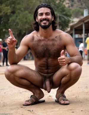 Cocijo es un hombre de Zapoteca, es un señor gobernante del año 600 d.C., en el cerro "La Cantera" de la localidad "San Pablo Huitzo" al norte del "Valle de Etla" en Oaxaca en México, está en la época antigua del “periodo Clásico Tardío” en México.
Está muy delgado y sin grasa en su cuerpo atlético y está totalmente desnudo y tiene sandalias marrón de tiras.
Tiene cara muy masculina con mandíbula cuadrada definida, cuello con tendones marcados, piel bronceada cubierta de una fina capa de sudor brillante.
Tiene torso con pectorales marcados y definidos en tensión con vello oscuro en el centro del pecho, pezones oscuros erectos, abdominales marcados de seis bloques visibles, tiene trail de vello desde el ombligo descendiendo hacia el pubis, tiene brazos en tensión con bíceps y tríceps muy marcados y definidos.
Tiene piernas con cuádriceps marcados y definidos y tensos con los muslos peludos en tensión.
Tiene una polla de treinta centímetros de largo erecta y dura hacia arriba contra su abdomen 10.
Tiene testículos grandes colgando pesados entre sus piernas.
Tiene un pequeño tatuaje con las letras: hisperbarba. Plano lateral derecho. Tensa el brazo derecho hacia arriba para enseñar sus bíceps y saluda con la mano izquierda y sonríe, ahora está agachado.