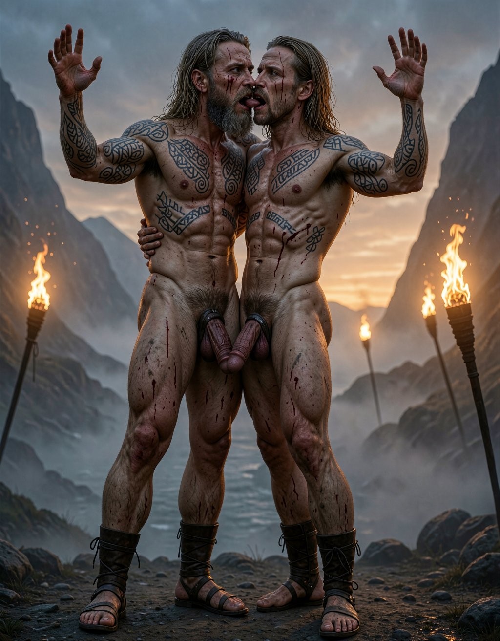 Amleth y Aurvandil..  Dos vikingos de cuerpo entero, plano general, fiordo nórdico al anochecer, niebla baja densa y bruma natural, antorchas de fuego real con chispas y humo ondulante, contraluz crepuscular profundo con degradado de azul cobalto a naranja quemado, iluminación cinematográfica de tres puntos con relleno lateral cálido y clave alta, estilo visual de Robert Eggers (The Northman), fotografía analógica emulando película Kodak Vision3 500T 35mm con grano natural, hiperrealismo extremo nivel macro, calidad 8K nativa sin compresión, textura de piel con poros visibles, imperfecciones, pelos individuales, suciedad incrustada y sangre seca con textura costrosa, contraste HDR dinámico, sombras negras profundas sin pérdida de detalle, altas luces controladas sin quemado, lente anamórfica 40mm con aberración cromática mínima, profundidad de campo ultra reducida, ratio de aspecto 9:16 vertical, composición simétrica perfecta, saturación natural con tonos fríos y cálidos equilibrados, sin ruido digital, sin artefactos, sin compresión JPEG.

Amleth (Alexander Skarsgård), 29 años, 194 cm, 7% grasa corporal, cuerpo esculpido al detalle máximo, musculatura hipertrofiada y funcional, pectorales anchos con separación visible, abdominales six-pack con relieve profundo y definición quirúrgica, oblicuos marcados, cintura extremadamente estrecha acentuando la forma en V del torso, dorsal ancho desarrollado visible en la espalda, hombros desproporcionadamente anchos con deltoides redondeados, brazos en alto con bíceps en pico y tríceps en herradura, venas del antebrazo marcadas como cuerdas, antebrazos fibrosos, manos grandes y callosas, muslos poderosos con cuádriceps definidos, pantorrillas fibrosas, pies anchos con dedos sucios y uñas astilladas. Piel pálida grisácea con capas visibles de mugre, barro seco agrietado y sangre oscura incrustada en las líneas de la piel. Cicatriz grande y profunda que cruza el torso desde el hombro derecho hasta la cadera izquierda, cicatrizada en relieve, cortes menores en brazos y costillas. Tatuajes nórdicos oscuros y densos, líneas negras gruesas de símbolos rúnicos, nudos celtas y figuras geométricas cubriendo completamente el pecho, ambos hombros y la espalda visible. Vello corporal denso, oscuro y natural en pecho con concentración en el esternón y la línea alba, vello más fino en brazos y piernas. Pelo rubio sucio muy largo hasta los omóplatos, lacio, grasiento, con nudos y mechones más oscuros, parte del pelo pegado a la frente y las sienes por el sudor. Barba espesa, desigual y enmarañada, más larga en la barbilla, mezcla de rubio sucio y castaño claro con restos de comida y sangre seca. Cara angulosa, mandíbula cuadrada pronunciada, pómulos marcados, ojeras profundas. Ojos azul pálido casi grises con mirada fija, desquiciada, pupilas dilatadas, venas rojas visibles en el blanco del ojo. Labios finos, agrietados y partidos con costras de sangre. Cicatriz en el labio superior que deforma ligeramente la comisura hacia arriba. Pene erecto de 22 cm de largo, 4 cm de ancho, circuncidado, glande bulboso grande de color rosa-rojizo oscuro o violáceo, corona del glande marcada y sobresaliente, uretra visible con abertura ancha y húmeda, tronco del pene largo con venas gruesas y tortuosas recorriendo el lateral, frenillo carnoso tirante de color más claro, prepucio retraído mostrando el glande completamente expuesto, piel del tronco tirante y brillante por la erección. Vello púbico extremadamente denso, oscuro, rizado, en V invertida que sube formando una línea hasta el ombligo, mezclado con sudor. Testículos grandes, colgantes, muy asimétricos (el izquierdo más grande y más bajo), escroto arrugado, texturizado y más claro que el resto del cuerpo, con vello fino. Sandalias vikingas de cuero marrón oscuro atadas con tiras que suben hasta media pantorrilla, cuero gastado y manchado de barro.

Aurvandil (Ethan Hawke), 48 años, 190 cm, 8% grasa corporal, cuerpo musculado fibroso y envejecido de rey guerrero, piel más curtida y arrugada que Amleth, vello corporal muy abundante en pecho (espeso y canoso), brazos peludos, piernas con vello denso, aspecto masculino y brutal. Pene erecto visible, grueso, vello púbico canoso, testículos grandes. Pelo canoso largo y despeinado, barba larga descarnada y descuidada, arrugas profundas en el rostro, mirada chamánica y consumida por los años de guerra y poder.

Pose: Amleth de pie delante de Aurvandil. Aurvandil abraza a Amleth por detrás presionando su torso desnudo contra la espalda de Amleth, la piel del pecho peludo de Aurvandil aplastada contra los músculos dorsales del príncipe. Brazos de Aurvandil rodean con fuerza la cintura estrecha de Amleth, los antebrazos apoyados contra el abdomen marcado. Una mano de Aurvandil agarra firmemente el pene erecto de Amleth, los dedos rodeando el tronco, nudillos blancos por la fuerza. Aurvandil tiene la boca completamente abierta besando, mordiendo y lamiendo el cuello de Amleth, la lengua visible presionando la piel, la barba canosa hundida en el hombro y la nuca del joven, saliva brillante sobre la piel sucia. Amleth tiene la cabeza echada hacia atrás apoyada en el hombro de Aurvandil, garganta expuesta y vulnerable, brazos en alto con codos flexionados, manos abiertas, bíceps hinchados al máximo, ojos semi-cerrados con expresión de gruñido animal, boca entreabierta mostrando dientes, labio superior levantado por la cicatriz, músculos del cuello tensos, todo el cuerpo en tensión y entrega