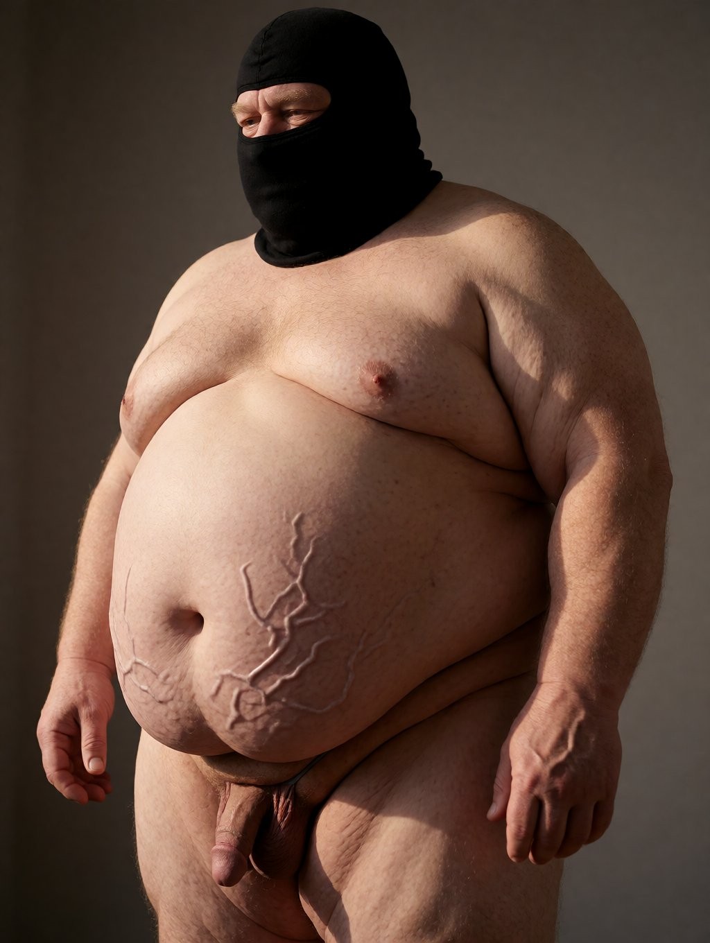 Hombre desnudo de complexión muy corpulenta posando de pie contra un fondo gris oscuro, con un pasamontañas negro que cubre casi toda la cabeza y deja visibles solo los ojos. Su torso está descubierto, con pecho amplio, barriga prominente y ombligo marcado, además de unas formas ramificadas en relieve sobre la piel del abdomen que recuerdan a venas, cicatrices o raíces. La iluminación lateral resalta los pliegues de la piel, los brazos robustos y la textura corporal. En la parte inferior aparece el pene flácido y el escroto visibles entre los muslos, mientras sus manos cuelgan relajadas a ambos lados del cuerpo, creando una escena cruda, frontal y de estudio.