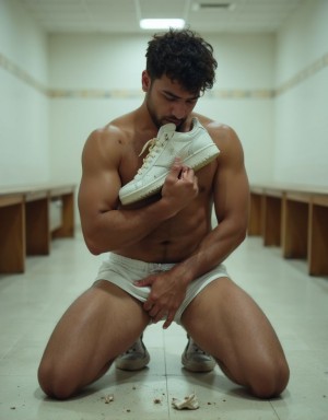 Un hombre árabe de 19 años, musculoso, arrodillado en el suelo de un vestuario, sosteniendo una zapatilla deportiva blanca y sucia cerca de su boca con expresión de desesperación y confusión, ojos cerrados con lágrimas, torso desnudo mostrando músculos definidos, pantalones bajados, una mano en su entrepierna, ambiente de vestuario con azulejos blancos y bancos de madera, iluminación fluorescente, estilo fotorrealista, alta calidad, 4K.