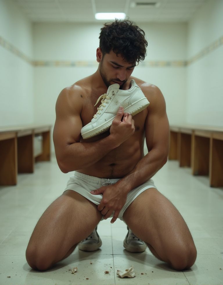 Un hombre árabe de 19 años, musculoso, arrodillado en el suelo de un vestuario, sosteniendo una zapatilla deportiva blanca y sucia cerca de su boca con expresión de desesperación y confusión, ojos cerrados con lágrimas, torso desnudo mostrando músculos definidos, pantalones bajados, una mano en su entrepierna, ambiente de vestuario con azulejos blancos y bancos de madera, iluminación fluorescente, estilo fotorrealista, alta calidad, 4K.