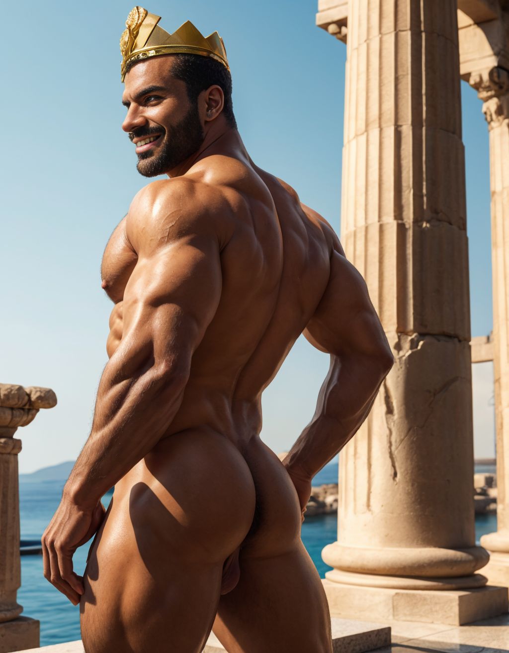 Hombre griego desnudo, sonriente, corona de oro y diamantes, pene grande, testículos peludos, inclinado, enseñando ano, mirando hacia atrás, entre columnas y estatuas antiguas, sol de tarde, piel bronceada, músculos definidos, ojos brillantes, sensual y apasionado, con un toque de eroticismo y pasión en su mirada. Enseñar los testículos por detrás.