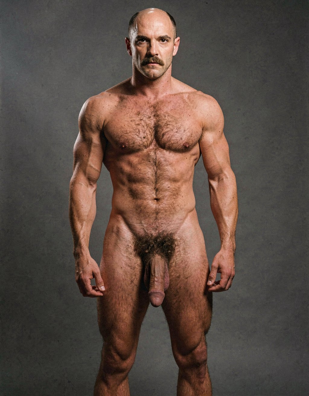 Mike Morris, a 32-year-old Caucasian male with an extremely lean and athletic physique at only 8% body fat, stands completely naked in a strict military attention pose. Full body frontal shot from the tips of his toes to the top of his head. His body is young, dry, and highly defined with sharp muscle separation, visible vascularity, and a very narrow waist. He has advanced Norwood III-IV male pattern baldness with a shiny tanned scalp on top and only short dark brown hair on the sides and back. His face is serious and commanding: square angular jaw, prominent cheekbones, thick dark handlebar mustache, heavy brows, and intense deep-set brown eyes. His massive square pectorals are pushed forward, covered in dense dark brown chest hair that forms a classic thick T-pattern running down the sternum and spreading over his sharply carved six-pack abs. Small dark nipples sit low on the pecs. A prominent trail of dark hair leads to an extremely dense, curly, dark brown pubic bush that climbs almost to his navel. His thick 14 cm flaccid cock hangs heavy over large, low-hanging, hairy testicles, the shaft skin noticeably lighter than his bronzed body. Powerful veined forearms, developed traps, defined quadriceps with clear separation, diamond-shaped calves, and slightly hairy feet complete his figure. He stands perfectly straight, chest out, shoulders back, arms rigid at his sides with fists clenched, head high and gaze fixed forward. Dramatic directional studio lighting from above and slightly to the front creates strong highlights on his dry, vascular skin and deep shadows that accentuate every muscle fiber, the texture of his dense body hair, and the extreme definition of his 8% body fat physique. Photorealistic, high-contrast, 1970s Colt Studio masculine aesthetic, grainy film texture.