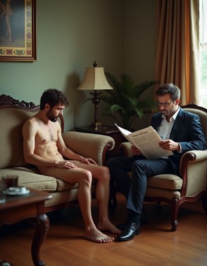 La escena es la siguiente: En el salon de una casa, hay dos hombres: El número uno, un hombre desnudo completamente, esta a cuatro patas sobre el suelo,  es un hombre delgado y sumiso. Desde un asiento cercano el hombre numero dos es un hombre vestido elegantemente, y fornido. El hombre numero dos  apoya sus pies en la cabeza del hombre numero uno  mientras lee la prensa.
