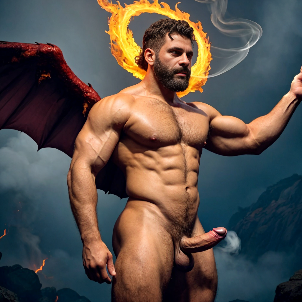 Cneo Pompeyo Magno desnudo con pene grande y testículos grandes peludos. Hombre Catón y hombre Cicerón están desnudos andando y cerca de Cneo Pompeyo Magno. Doblan el brazo derecho para enseñar los bíceps del brazo derecho con gran orgullo. Tiene mucho vello por todo el cuerpo. Está agachado. Está bronceado. Las sandalias están bonitas. Tiene corona de oro. Tiene alas de diablo negras y rojas oscuro. Tiene cara de malvado y serio. Por su boca sale un chorro de fuego y humo blanco. Los brazos están hacia arriba implorando rayos y fuego. El fuego sale del pene a chorros hacia arriba de su pene erecto tieso hacia arriba. Sus ojos son grandes y rojos. Está enseñando sus grandes testículos. Se ve de perfil apreciándose un solo pene perfecto y grande. Tiene testículos grandes y oscuros. ¿Dónde están las alas negras? Ilumina con mucha luz roja todo el cuerpo. Tiene su pene muy grande rodeado por la parte de atrás de dos hermosos huevos. Salta al infierno despidiéndose de todos