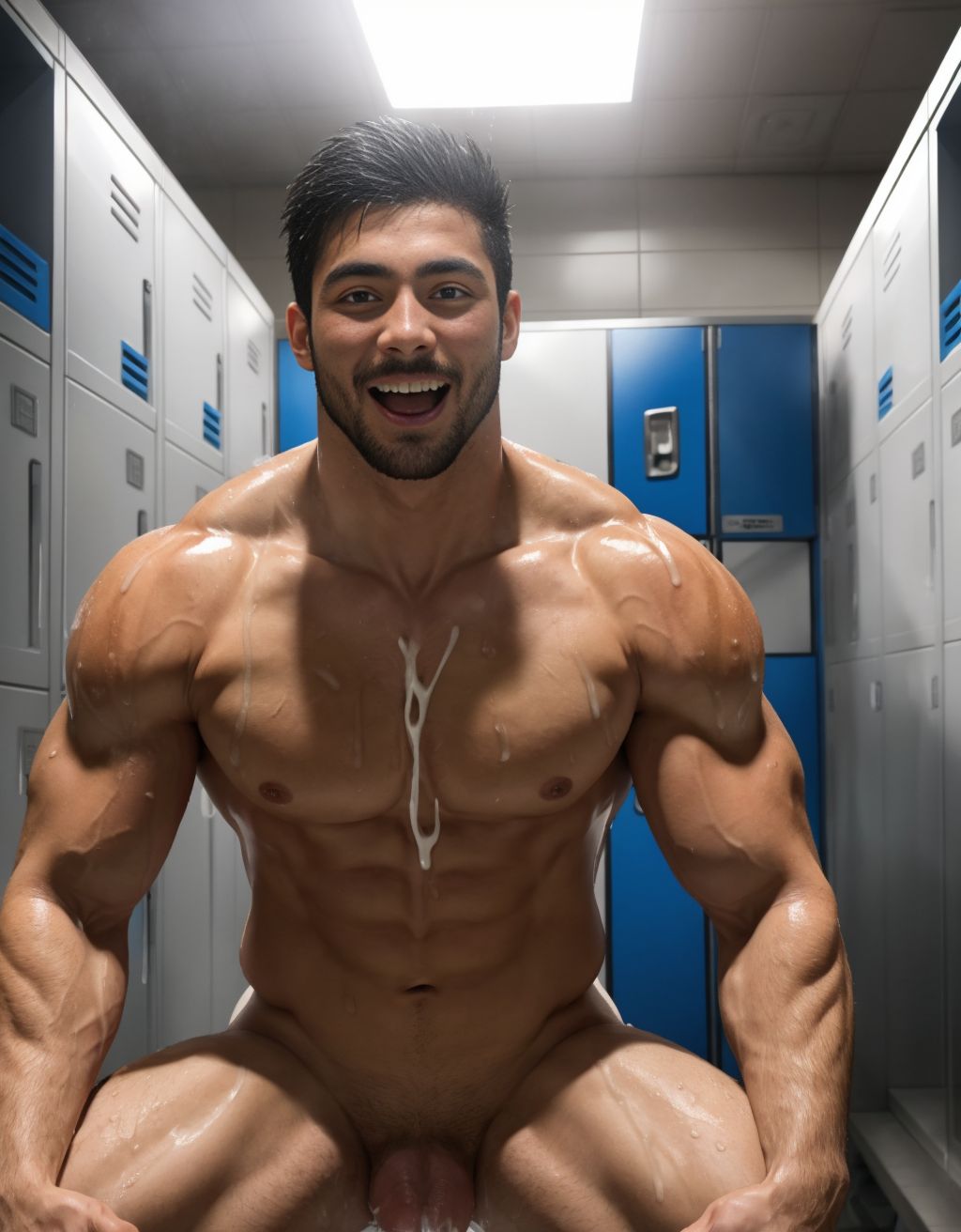 Hombre futbolista de 30 años, semi desnudo, meando en la cara de otro jugador, en duchas del vestuario, musculoso, gotas de agua en la piel, mirada intensa, otro jugador de rodillas, boca abierta, recibiendo el chorro, ambiente húmedo y sensual.