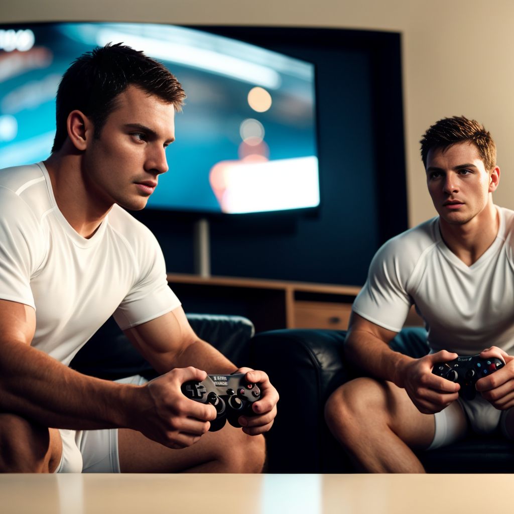 Two men playing videogames ( visible penis ), ( white underwear), (( sport clothes))