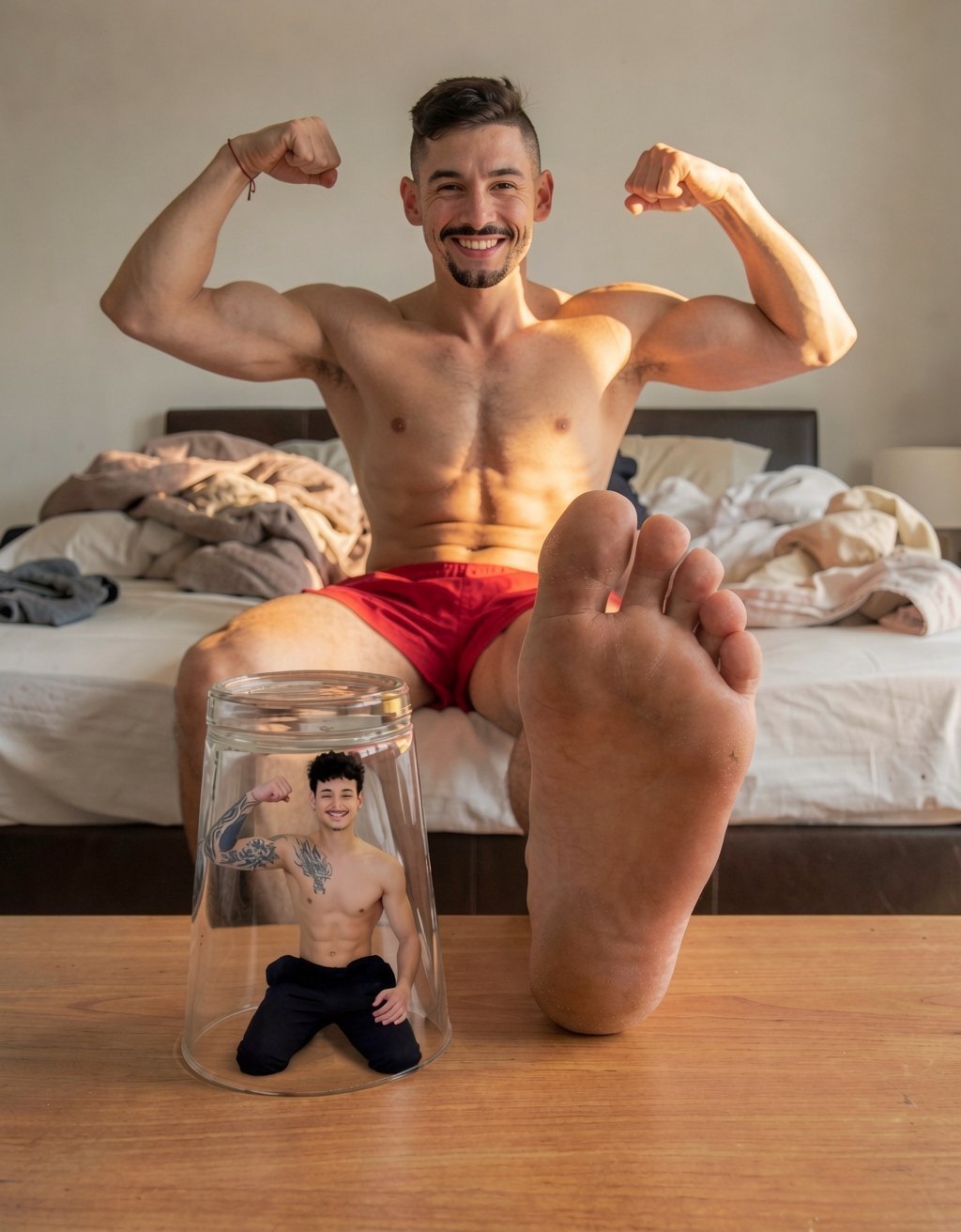 Muscular man sitting on an unmade bed, smiling at the camera while flexing both biceps in a strength pose and showing off his bare torso with defined abs; he is wearing red underwear and has one leg forward, with the sole of his foot taking up much of the foreground on a wooden table. In front there is a transparent glass jar that creates a scale illusion, with another small man inside, also shirtless, kneeling and with visible tattoos on his arm and chest. The scene has warm bedroom lighting, rumpled sheets, pillows in the background, and an intimate, playful atmosphere clearly focused on physique, musculature, feet, and forced perspective.