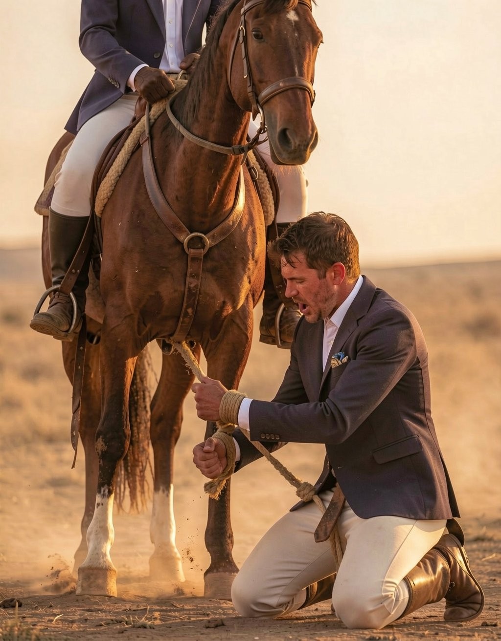 Un jinete arrodillado sobre la arena ajusta con concentración una cuerda o correaje junto a la pata delantera de un caballo castaño, en una escena ecuestre iluminada por luz cálida de atardecer. El hombre viste chaqueta azul de competición, camisa clara, pantalón blanco y botas altas de montar, con gesto serio mientras manipula el equipo cerca del casco. Sobre el caballo aparece otro jinete parcialmente visible, también con indumentaria de equitación formal, sujetando las riendas desde la silla. El entorno árido, polvoriento y abierto sugiere un paisaje desértico o rural, con tonos dorados, polvo suspendido y una atmósfera tranquila de cuidado, preparación y conexión entre caballo y jinetes.