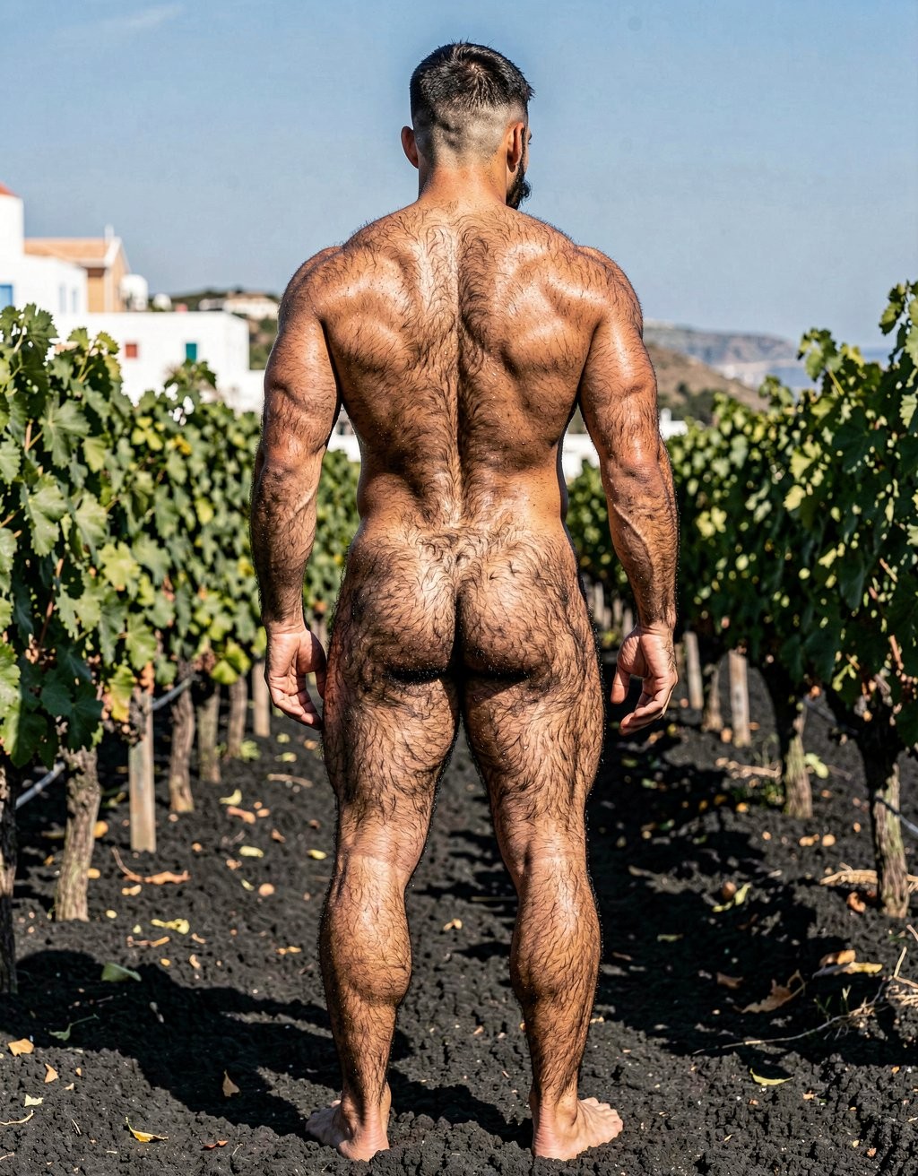Un hombre desnudo y muy musculado aparece de espaldas, de pie y descalzo sobre tierra negra entre hileras de viñedos, con el cuerpo cubierto de abundante vello y la piel iluminada por la luz solar. Destacan la espalda ancha y definida, los hombros, brazos, glúteos y piernas fuertes, en una postura firme y simétrica que mira hacia el fondo del campo. A ambos lados crecen cepas verdes cargadas de hojas, formando un pasillo natural en un entorno rural con cielo azul despejado, algunas casas blancas al fondo y un paisaje de viña volcánica o agrícola.