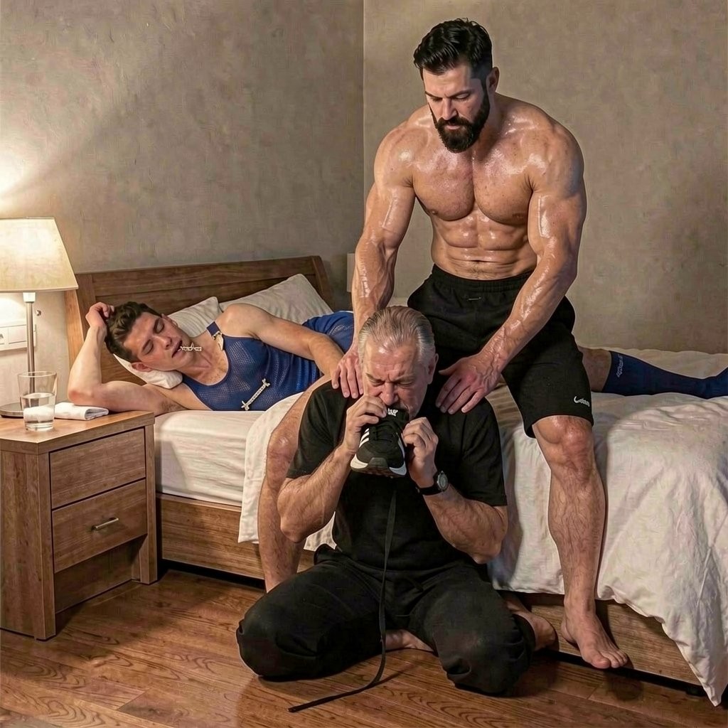 Un hombre muy musculoso, sudado y sin camiseta, aparece arrodillado sobre una cama con pantalón corto negro, apoyando las manos sobre los hombros de otro hombre mayor que está de rodillas en el suelo, vestido de negro y sosteniendo un micrófono conectado por cable como si estuviera hablando, cantando o retransmitiendo. A la izquierda, un tercer hombre con camiseta azul sin mangas y pantalón corto azul está tumbado de lado en la cama, relajado, con una mano detrás de la cabeza y auriculares puestos. La escena transcurre en un dormitorio sencillo con cama deshecha, mesilla de madera, lámpara encendida, vaso de agua y suelo de tarima, con una iluminación cálida y un ambiente extraño, teatral y cargado de tensión física.