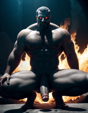 Hades está desnudo, es el dios del inframundo, en el mundo de los muertos, lugar tenebroso. Está desnudo. Tiene un pene muy grande y está erecto. Tiene cara de hombre fuerte. Tiene testículos enormes muy grandes. Está agachado sobre una tabla ardiente