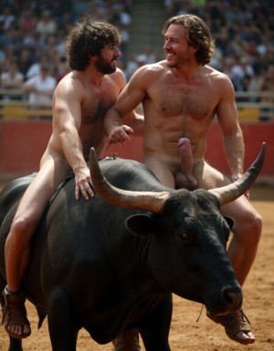 Un hombre musculoso y velludo de 50 años, torero español, con un torso atlético y marcado, está totalmente desnudo, mostrando un pene de 25 cm de longitud y 4 cm de grueso, perfectamente formado y rodeado de un denso vello púbico castaño oscuro. Sus testículos, de grandes dimensiones y perfectamente formados, cuelgan de manera prominente. La piel bronceada y sudorosa resalta su musculatura definida, con pectorales y abdominales bien marcados y sin grasa. El cabello largo y castaño oscuro está despeinado y sudoroso, con gotas de sudor resbalando por su frente y mejillas. Una barba incipiente y un vello corporal denso que se extiende por su pecho, piernas y brazos completan su apariencia viril. Tiene sandalias marrones en sus pies.

A su lado, un hombre musculoso y velludo de 30 años, también totalmente desnudo, muestra un pene erecto de 30 cm de longitud y 4 cm de grueso, hermoso y perfecto, rodeado de un denso vello púbico moreno. Su piel bronceada y sudorosa también muestra una musculatura definida, con pectorales y abdominales bien marcados. El cabello largo y rubio oscuro está despeinado y sudoroso, y una barba. El vello corporal denso en su pecho, piernas y brazos añade a su apariencia masculina y atlética.

Ambos hombres están subidos al lomo de un toro majestuoso en una plaza de toros, con sombras que resaltan su musculatura y vello corporal, creando un ambiente sensual y cargado de tensión. Están follando, con sus penes erectos y testículos prominentes, destacando su musculatura, vello corporal y atributos viriles en una imagen impactante y llena de energía. La escena está llena de sensualidad y poder, con los dos hombres y el toro como protagonistas, en un ambiente cargado de pasión y erotismo. La imagen es hiperrealista, con detalles de alta calidad, y muestra la unión de los dos hombres con el toro en un acto de pasión y dominio. Son hombres muy machos muy varoniles. Penes erectos. Están totalmente desnudos y muy excitados y pollas visibles