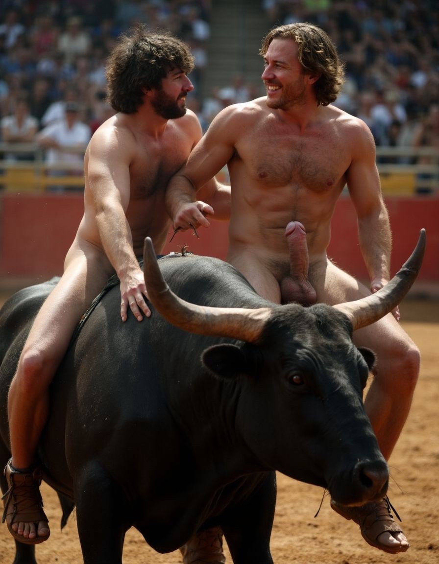 Un hombre musculoso y velludo de 50 años, torero español, con un torso atlético y marcado, está totalmente desnudo, mostrando un pene de 25 cm de longitud y 4 cm de grueso, perfectamente formado y rodeado de un denso vello púbico castaño oscuro. Sus testículos, de grandes dimensiones y perfectamente formados, cuelgan de manera prominente. La piel bronceada y sudorosa resalta su musculatura definida, con pectorales y abdominales bien marcados y sin grasa. El cabello largo y castaño oscuro está despeinado y sudoroso, con gotas de sudor resbalando por su frente y mejillas. Una barba incipiente y un vello corporal denso que se extiende por su pecho, piernas y brazos completan su apariencia viril. Tiene sandalias marrones en sus pies.

A su lado, un hombre musculoso y velludo de 30 años, también totalmente desnudo, muestra un pene erecto de 30 cm de longitud y 4 cm de grueso, hermoso y perfecto, rodeado de un denso vello púbico moreno. Su piel bronceada y sudorosa también muestra una musculatura definida, con pectorales y abdominales bien marcados. El cabello largo y rubio oscuro está despeinado y sudoroso, y una barba. El vello corporal denso en su pecho, piernas y brazos añade a su apariencia masculina y atlética.

Ambos hombres están subidos al lomo de un toro majestuoso en una plaza de toros, con sombras que resaltan su musculatura y vello corporal, creando un ambiente sensual y cargado de tensión. Están follando, con sus penes erectos y testículos prominentes, destacando su musculatura, vello corporal y atributos viriles en una imagen impactante y llena de energía. La escena está llena de sensualidad y poder, con los dos hombres y el toro como protagonistas, en un ambiente cargado de pasión y erotismo. La imagen es hiperrealista, con detalles de alta calidad, y muestra la unión de los dos hombres con el toro en un acto de pasión y dominio. Son hombres muy machos muy varoniles. Penes erectos. Están totalmente desnudos y muy excitados y pollas visibles