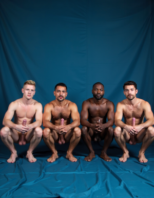 Four distinct men in identical squatting positions side by side, full body frontal view, all with knees bent and spread wide showing full genital exposure, all in intense orgasm simultaneously ejaculating thick white semen ropes from erect cocks, hyperrealistic 4K photography, deep ultramarine blue silk fabric background with dynamic waves, hard dramatic lighting:

FIRST MAN left side: 25-year-old Nordic type, pale white skin with pink undertones, short buzzcut platinum blonde hair, clean shaven boyish handsome face contorted in orgasmic ecstasy, ice blue eyes rolled back, mouth open moaning, slim swimmer build with low body fat, smooth chest with minimal blonde body hair, pink erect nipples, defined six-pack abs, perfect anatomically correct erect penis 22cm length and 5.5cm diameter, straight rigid shaft with pale pink skin showing delicate blue veins branching naturally along dorsal surface, circumcised with fully exposed glans, perfectly shaped mushroom head swollen taut with deeper pink-red coloration flushed from arousal, prominent corona ridge clearly defined, urethral meatus slit at tip with thick white cum spurting in three distinct ropes mid-ejaculation, shaft skin smooth and taut pulled back from erection rigidity, testicles anatomically perfect with two distinct oval balls 5cm each visible through thin scrotal skin, left testicle hanging slightly lower than right naturally, scrotum skin pale pink with fine texture and sparse fine blonde hair, scrotal raphe line visible down center, balls drawn slightly upward from orgasmic contraction, lean smooth thighs spread wide.

SECOND MAN center-left: 40-year-old Mediterranean type, olive tan skin weathered and rough, shoulder-length wavy dark brown hair wild and sweaty, thick black beard with grey streaks, hooked Roman nose, dark brown eyes half-closed in pleasure, rugged extremely handsome face grimacing in climax, stocky muscular hairy bear build, massive hairy chest with dense black curly hair, thick dark nipples, solid barrel torso with visible abs under hair, perfect anatomically correct erect penis 19cm length and 6cm girth, thick girthy shaft with olive-tan skin darker than body, natural upward curve, uncut with foreskin fully retracted behind corona bunched in wrinkled ring, exposed glans deep burgundy-red and glossy wet with precum, perfectly formed helmet shape with pronounced flared rim, thick dorsal vein and two lateral veins visibly engorged and pulsing, multiple white cum streams shooting from perfectly detailed urethral opening, testicles anatomically perfect and large 6cm each, heavy and full hanging low in relaxed scrotal sac, scrotum skin darker olive with dense black curly hair covering entire surface, visible texture and natural wrinkles, left ball hanging lower, both balls churning with visible movement from ejaculation, thick hairy thighs.

THIRD MAN center-right: 30-year-old Black African type, very dark ebony skin glistening with sweat, shaved bald head reflecting light, short trimmed black beard, full lips parted showing white teeth, high cheekbones, dark eyes rolled back in ecstasy, extremely handsome face in orgasmic bliss, tall lean muscular build with extreme definition, smooth chest with dark nipples, razor-cut eight-pack abs, perfect anatomically correct erect penis 24cm length and 5.8cm diameter, long straight shaft with very dark brown-black skin smooth and taut, dramatic contrast of dark shaft against pink-purple inner coloration, uncut with dark foreskin retracted exposing bicolor glans deep purple-pink underneath almost mauve, perfectly shaped large glans with clearly defined corona ridge, frenulum visible on underside, network of thick veins darker than shaft running full length visibly throbbing, copious thick white cum ejaculating in powerful spurts contrasting starkly against dark skin, testicles anatomically perfect very large 6.5cm each, hanging heavy and low in loose relaxed scrotum, scrotal skin dark with slightly lighter undertone and smooth texture, minimal hair, both testicles clearly defined oval shapes visible through thin scrotal skin, natural asymmetry with left lower, long muscular legs spread.

FOURTH MAN right side: 45-year-old Middle Eastern type, warm brown skin with body hair, medium-length black hair slicked back with sweat, thick black mustache and trimmed beard with silver threads, strong aquiline nose, intense dark eyes glazed with pleasure, mature extremely handsome weathered face showing climax, solid muscular daddy build, very hairy chest with dense black and grey hair, dark brown nipples, slight belly with visible abs underneath fur, perfect anatomically correct erect penis 20cm length and 5.5cm diameter, mature thick shaft with warm brown skin showing natural pigmentation variation darker at base and lighter mid-shaft, slight downward curve then upward at glans, uncut with long foreskin half-retracted creating bunched collar behind corona, glans partially hooded showing wet glistening dark pink-brown head, well-defined ridge and pronounced frenulum, prominent veins along shaft with natural branching pattern visibly engorged, thick creamy ejaculate spurting from foreskin opening in viscous streams, testicles anatomically perfect large 5.5cm each, hanging very low in loose aged scrotal skin, scrotum covered in dense black and grey hair matching body, skin darker brown with visible natural wrinkles and texture, both testicles heavy and full clearly outlined, natural sag from maturity, thick hairy thighs spread wide, bare feet planted.

All four men squatting in row with anatomically perfect cocks pointing upward shooting simultaneous cum loads with realistic ejaculate texture and trajectory, extreme anatomical detail on genitals including natural skin texture and coloration and vein patterns and scrotal details, orgasmic facial expressions with authentic pleasure, sweat visible on all bodies, hard lighting emphasizing every detail.