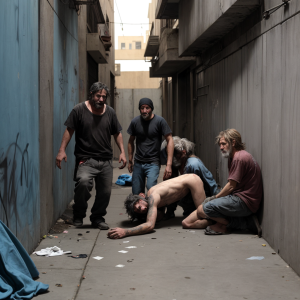 Violacion en masa en un callejón  a un mendigo sucio y desaliñado.