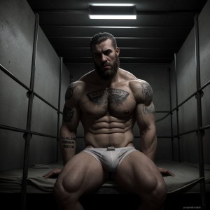 Hombres atractivos y musculosos en ropa interior, sentados en catres metálicos, en una celda de prisión oscura y sombría, con paredes de piedra frías y barrotes de hierro oxidados, iluminación tenue y sombras profundas, expresiones de desesperanza y resignación, ropa interior blanca y gris, cuerpos tonificados y definidos, tatuajes visibles en los brazos y torsos, cabello despeinado y barbas incipientes, ambiente de desolación y abandono, texturas realistas y detalles precisos, iluminación dramática y sombreado intenso.