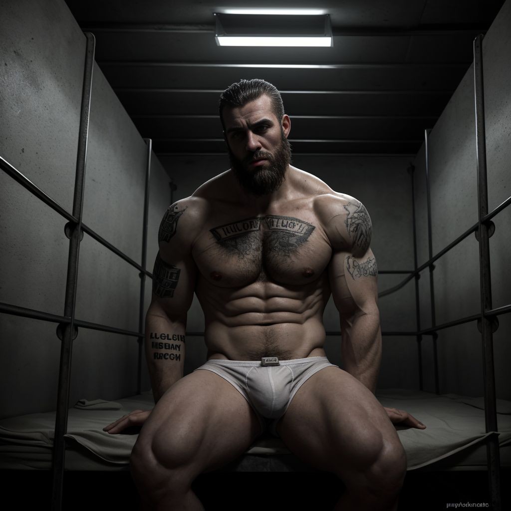 Hombres atractivos y musculosos en ropa interior, sentados en catres metálicos, en una celda de prisión oscura y sombría, con paredes de piedra frías y barrotes de hierro oxidados, iluminación tenue y sombras profundas, expresiones de desesperanza y resignación, ropa interior blanca y gris, cuerpos tonificados y definidos, tatuajes visibles en los brazos y torsos, cabello despeinado y barbas incipientes, ambiente de desolación y abandono, texturas realistas y detalles precisos, iluminación dramática y sombreado intenso.
