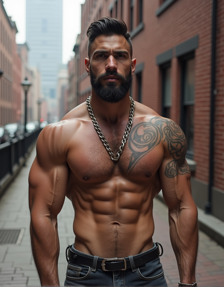 1chico 3d abs bara barba cerca de eslabones de cadena chimenea ciudad collar edificio enfoque masculino fondo de foto fondo de panal hombre musculoso hombre sin camiseta ladrillo mur de ladrillos mur de piedra muscular paisaje urbano panal (patrón) pared parte superior del cuerpo pavimento pectoral pectorales grandes pezones rascacielos ruinas solo sonrisa suelo de ladrillos suelo de piedra tatuaje valla vello del pecho vello facial