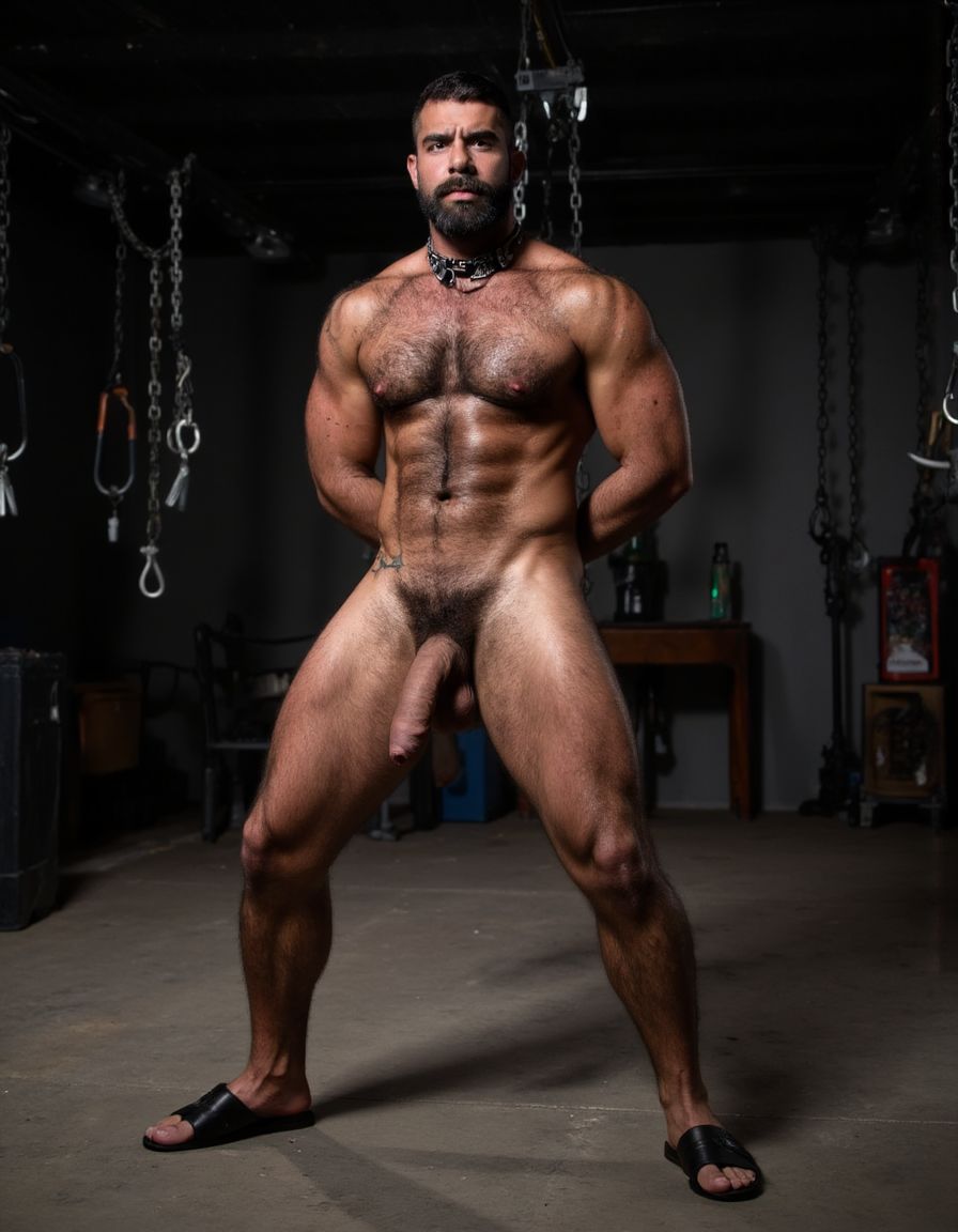 Austin Wolf, 40 años, 1.88m de altura, musculoso, cuerpo extremadamente marcado y definido, pectorales grandes y cuadrados, abdominales six-pack profundos, brazos gruesos y venosos, hombros anchos, trapecios marcados, piel blanca bronceada, pelo negro corto con rapado a los lados estilo fade, barba negra densa perfectamente recortada cubriendo mandíbula cuadrada, ojos marrones oscuros con mirada penetrante desafiante, rasgos faciales masculinos y angulosos, nariz recta, cejas gruesas, vello corporal negro medio en pecho bajando por abdomen, tatuajes en brazos y torso, manos atadas detrás de la espalda con cuerdas gruesas negras, collar de cuero negro con argolla de metal plateado al cuello, torso desnudo brillante de sudor con marcas de latigazos cruzando la espalda y hombros, expresión de sumisión forzada pero con actitud alfa contenida, mandíbula apretada, músculos tensos y flexionados, piernas musculosas muslos mostrando pene grande pronunciado, tiene pene de 20 cm de longitud y 8 cm de diámetro. Tiene sandalias negras en los pies. Iluminación dramática cenital tipo mazmorra BDSM, cadenas y ganchos colgando del techo de fondo, ambiente oscuro con tonos grises y negros, fotografía hiperrealista 8K. Tiene zapatos de tacón alto de color negro en los pies. Está muy contento de su cuerpo perfecto y levanta y flexiona los brazos para enseñar sus músculos bíceps. Está muy contento de tener el cuerpo perfecto que gusta a todos. Tiene sandalias en sus pies. Está agachado y se ve claramente su pene erecto de 18 cm de longitud y 8 cm de diámetro, tiene sonrisa de alegría por tener un cuerpo perfecto. Manos arriba brazos hacia arriba flexionados enseñando músculos bíceps muy marcados. Tiene sandalias de color negro en sus pies y están a la vista. Está de espalda de culo y de perfil