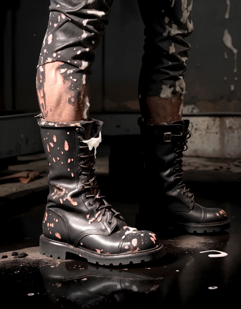 Botas de cuero negro, skin manchadas con semen fresco, textura viscosa y olor intenso, detalles de salpicaduras blancas en la superficie, fondo oscuro y sucio, realismo extremo.