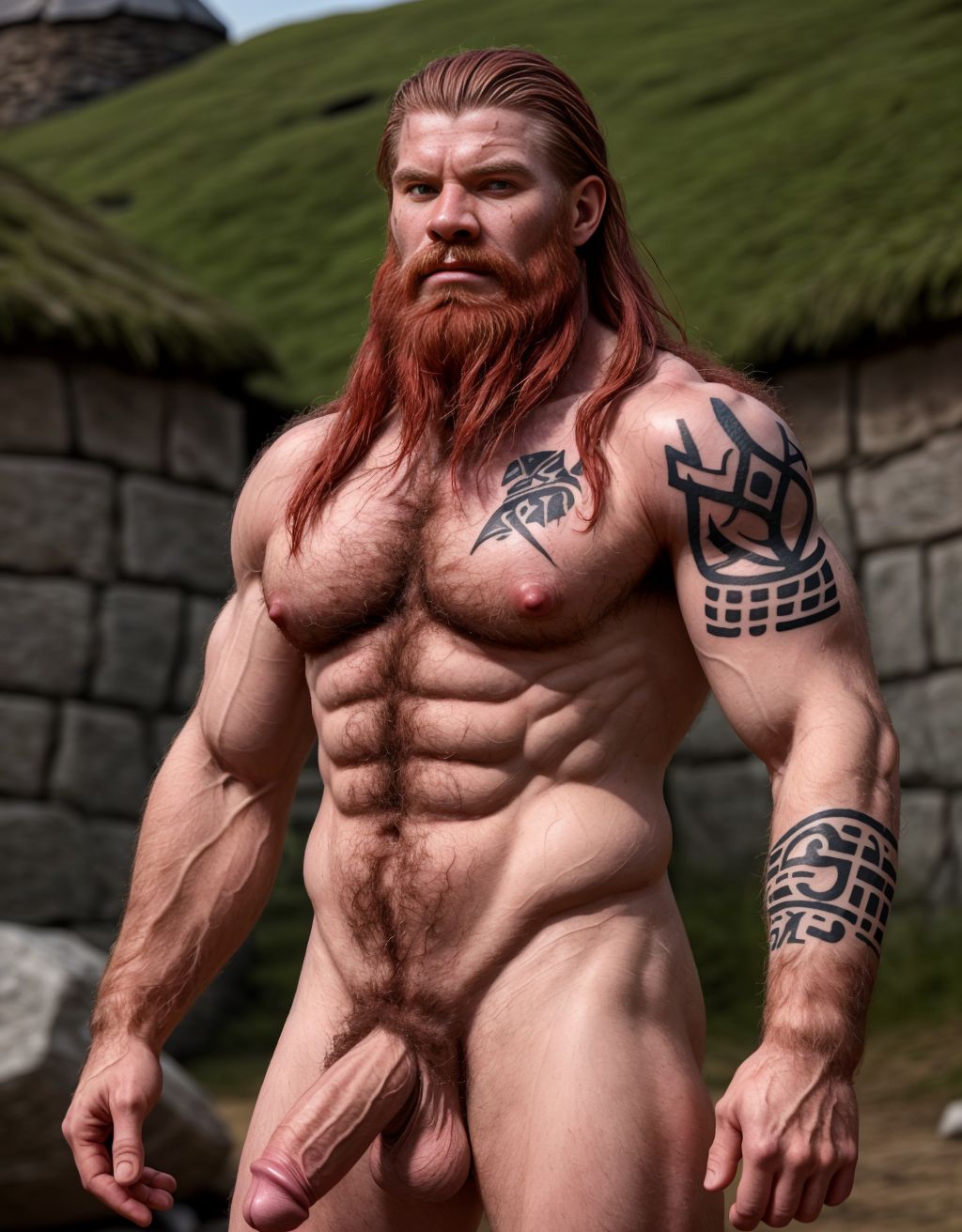 Guerrero nórdico de 30 años desnudo, de facciones hermosas, musculoso, cuerpo muy velludo, mostrando orgulloso su pene, tatuajes vikingos, barba larga, cabello rojizo, fondo de batalla medieval, armadura rota, mirada desafiante, piel sudorosa, anatomía detallada.