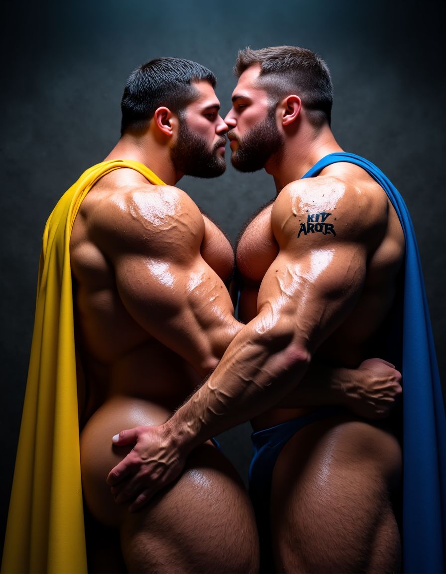 Hipsterso y Barbato son dos hombres musculosos de 30 años abrazados íntimamente, cuerpo completo visible, primer hombre llamado Hipsterso con pelo negro azulado corto despeinado hacia arriba con capa amarilla flotando detrás de su espalda, segundo hombre llamado Barbato con pelo castaño claro corto despeinado con capa azul oscura flotando detrás de su espalda, Hipsterso y Barbato ambos con rasgos faciales masculinos marcados, mandíbulas cuadradas definidas, pómulos altos, cejas pobladas oscuras, ojos marrones intensos mirándose entre ellos, narices rectas proporcionales, labios carnosos entreabiertos, expresiones de deseo intenso, torsos completamente desnudos hipermusculosos, pectorales enormes marcados y definidos cubiertos de vello oscuro denso, abdominales marcados six-pack, brazos musculosos cubiertos de vello oscuro rodeando espaldas mutuamente, venas visibles en bíceps y antebrazos, axilas con vello oscuro abundante visible, pieles bronceadas brillantes cubiertas de sudor realista con gotas visibles resbalando por pectorales y abdominales, piernas musculosas desnudas separadas cubiertas de vello oscuro denso, penes erectos enormes de 35 centímetros largos y muy gruesos con venas gruesas pulsantes marcadas recorriendo todo el tronco, glandes hinchados enormes brillantes de color rojo púrpura, testículos extremadamente grandes gordos y pesados colgando muy abajo descolgados entre las piernas con piel arrugada tensa bajo el peso,  pose abrazados estrechamente pecho contra pecho, músculos tensos, cuerpos pegados, capas flotando dramáticamente detrás de ellos, fondo oscuro difuminado dramático, iluminación cinematográfica lateral contrastada resaltando músculos sudor y eyaculación, fotografía hiperrealista homoerótica explícita, ultra detallada, 8K, máxima definición anatómica. Hipsterso y Barbato tienen cada uno un tatuaje de tinta negra sobre la piel del bíceps de sus brazos derechos en tipografía negra sans-serif de tamaño mediano claramente legible y visible y proporcionado con todas las siguientes letras: hipsterbarba. Se besan con mucha pasión, en su cara se refleja la lujuria y el deseo sexual