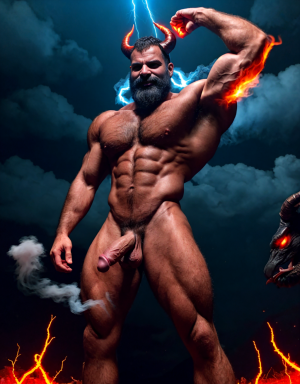 Diablo Satanás desnudos con pene grande y testículos grandes. Dobla el brazo derecho para enseñar los bíceps del brazo derecho con gran orgullo. Tiene mucho vello por todo el cuerpo. Está bronceado. Tiene alas de diablo negras y rojas oscuro. Los brazos están hacia arriba implorando rayos y fuego. Tiene un chorro de fuego en el pene que sale a chorros rojos hacia arriba de su pene erecto tieso hacia arriba. Sus ojos son grandes y rojos. Tiene testículos grandes y oscuros. Está rodeado de llamas y humo. Tienen cara de maldad y con barba. Se ven los pies. Quiero ver los pies. Está delgado. Está con los huevos gordos a la vista.