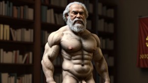 Karl Marx musculoso desnudo musculoso. Tiene el pecho velludo y brazos velludos. Está de pie. Está totalmente desnudo musculoso. Tiene pene grande erecto. Tiene testículos grandes. Tiene mucho vello y pelo. Foto muy realista texturas 8k. Está rodeado de libros con el símbolo comunista. Acompañan tres hombres desnudos velludos. Es el padre de la filosofía del comunismo moderno y el socialismo científico.
