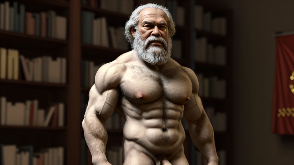 Karl Marx musculoso desnudo musculoso. Tiene el pecho velludo y brazos velludos. Está de pie. Está totalmente desnudo musculoso. Tiene pene grande erecto. Tiene testículos grandes. Tiene mucho vello y pelo. Foto muy realista texturas 8k. Está rodeado de libros con el símbolo comunista. Acompañan tres hombres desnudos velludos. Es el padre de la filosofía del comunismo moderno y el socialismo científico.