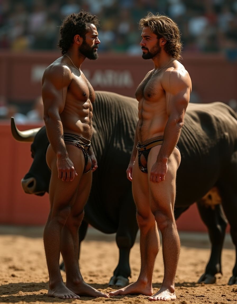 Un hombre musculoso y velludo de 50 años, torero español, con un torso atlético y marcado. Está totalmente desnudo. Tiene un pene de 25 cm de longitud, perfectamente formado y rodeado de un denso vello púbico castaño oscuro. Sus testículos, de grandes dimensiones y perfectamente formados, cuelgan de manera prominente. La piel bronceada y sudorosa resalta su musculatura definida, con pectorales y abdominales bien marcados y sin grasa. El cabello largo y castaño oscuro está despeinado y sudoroso, con gotas de sudor resbalando por su frente y mejillas. Una barba incipiente y un vello corporal denso que se extiende por su pecho, piernas, brazos y espalda completan su apariencia viril.
Está descalzo, excepto por sandalias marrones en sus pies, y su pene erecto es el centro de atención, mostrando sus enormes testículos. A su lado, un toro majestuoso comparte la escena en una plaza de toros, con sombras que resaltan la musculatura y el vello corporal del hombre, creando un ambiente sensual y cargado de tensión.

A su lado se encuentra otro hombre musculoso y velludo, de 30 años. Está desnudo y con un torso atlético y marcado, similar al del torero español. Este hombre presenta un pene de 20 cm de longitud, hermoso y perfecto, rodeado de un denso vello púbico moreno. Su piel bronceada y sudorosa también muestra una musculatura definida, con pectorales y abdominales bien marcados. El cabello largo y rubio oscuro está despeinado y sudoroso, y una barba incipiente complementa su look. El vello corporal denso en su pecho, piernas, brazos y espalda añade a su apariencia masculina y atlética.

Ambos hombres, en esta escena llena de sensualidad y poder, destacan su musculatura, vello corporal y atributos viriles, creando una imagen impactante y llena de energía en el ambiente de la plaza de toros. Están follando subidos al toro.
