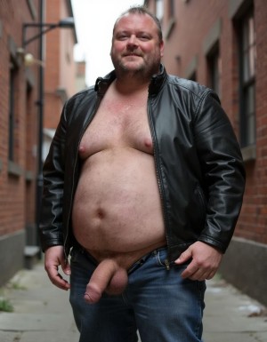 Tio de 24 años muy gordo vestido solo con chaqueta de cuero corriendose con una polla enorme y gruesa en un callejón 