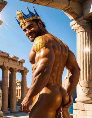 Hombre griego desnudo, sonriente, corona de oro y diamantes, pene grande eyaculando, testículos peludos, inclinado, enseñando ano, señalando con dedo índice, mirando hacia atrás, dedo dentro del ano, entre casas antiguas con columnas y estatuas, iluminado por sol de tarde, ambiente clásico y sensual, piel bronceada, músculos definidos, ojos brillantes.