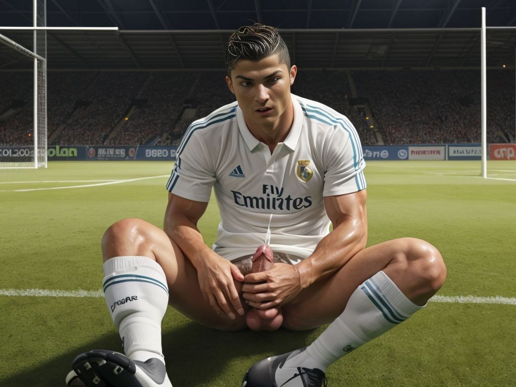 cristiano ronaldo, serio, sentado, en campo de futbol,masturbandose su gran pene
