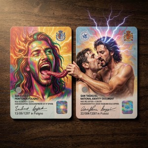 Two illustrated cards with rounded corners rest on a dark wooden table, with the aesthetic of an official Spanish document and holographic seals. On the left appears a psychedelic portrait of San Eliseo Penitente Foligno, a man with multicolored long hair, a beard, an ecstatic expression, and his mouth wide open, sticking out a long reddish tongue with a suggestive shape, surrounded by flames and intense colors; it includes a coat of arms, fictional identification text, and a signature. On the right, another document titled “San Taddeo National Identity Document” shows two muscular, semi-naked men kissing and embracing passionately, under violet rays illuminating the background, alongside a coat of arms, numbers, date, signature, and security hologram.